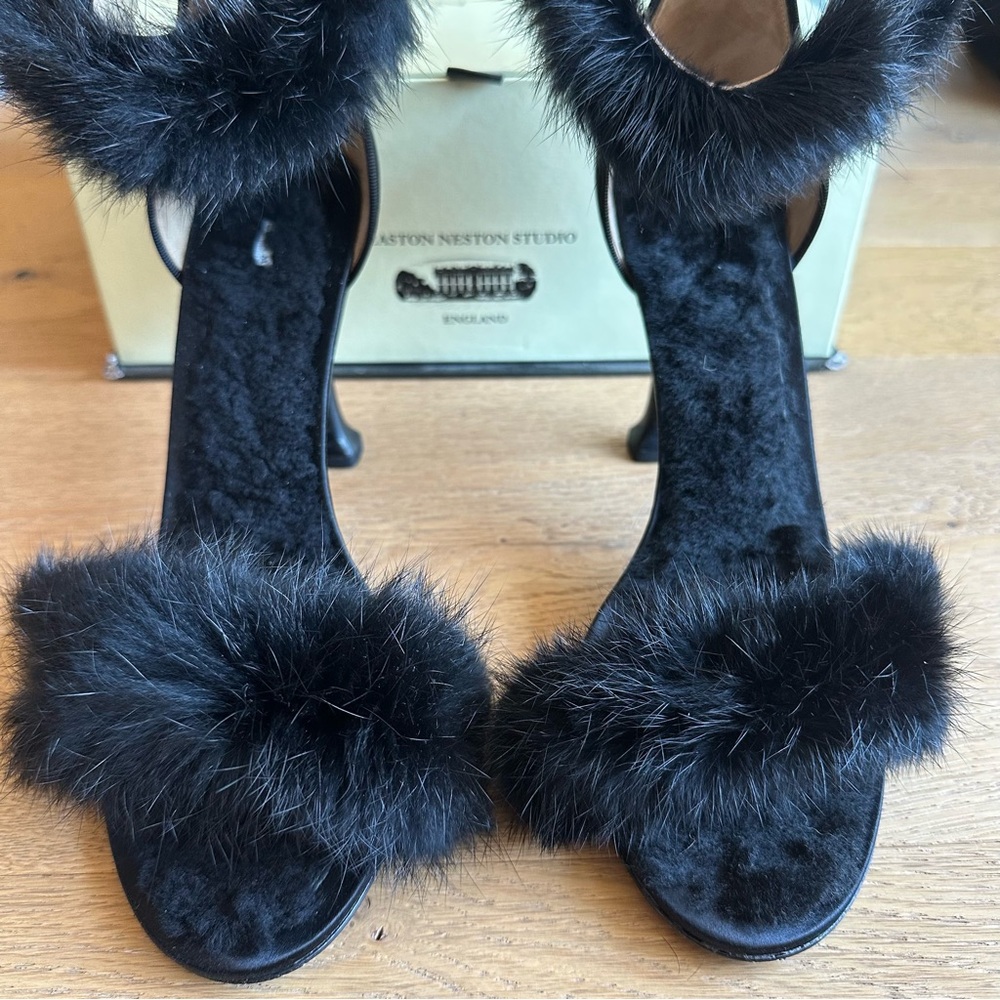 Leon Max Rabbit Fur Satin Strappy Heels